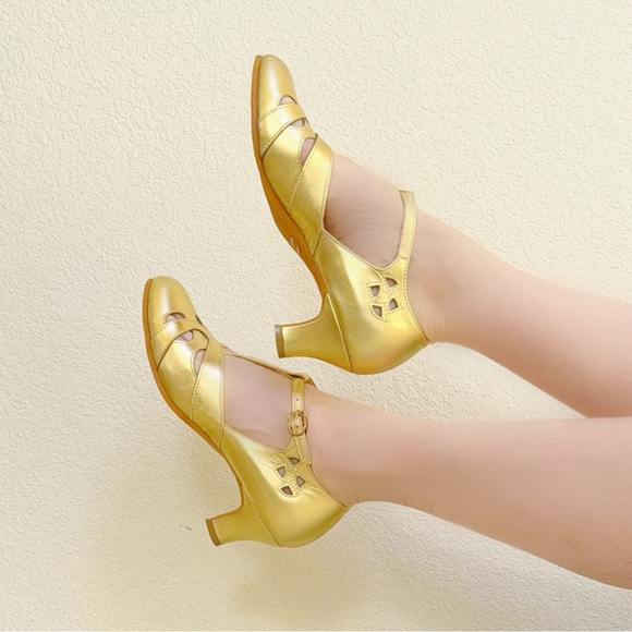 Reproduction Vintage 20s 40s Gold Leather Mary Jane T-Strap Pumps Heels 38 7.5 - Picture 2 of 6